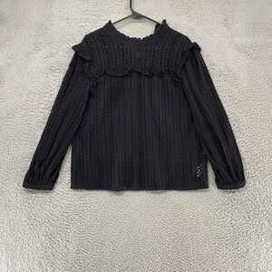 Madewell Eyelet Lace Blouse Womens Medium Black Ruffle Mock Neck Tie Neck Top